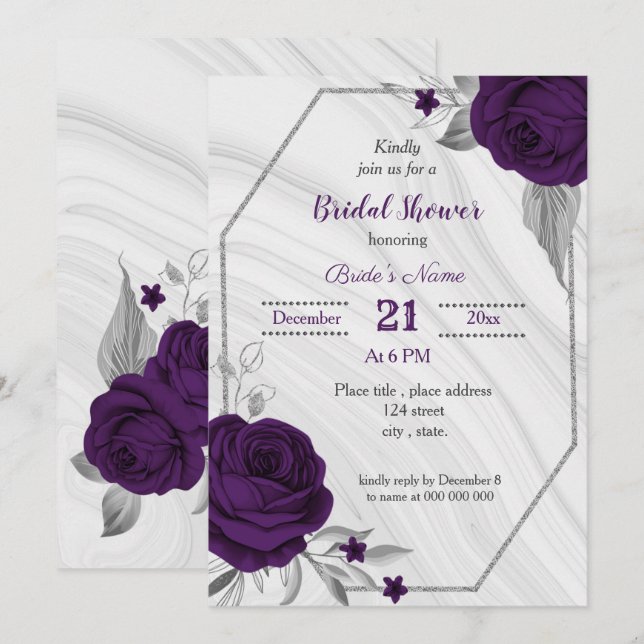 Invitation royal violet argent floral géométrique douche nupt (Devant / Derrière)