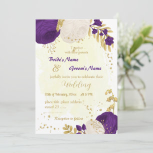 Invitation royal violet blanc fleurs or mariage