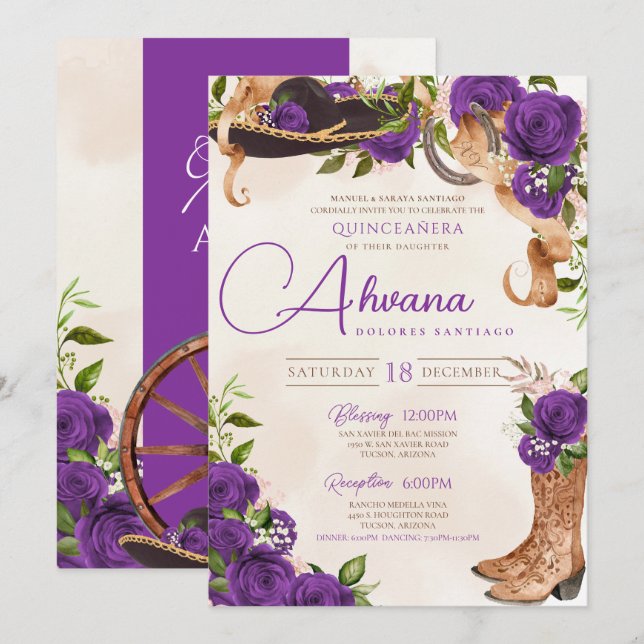Invitation Royal violet Quinceanera Violet Charra Ouest (Devant / Derrière)