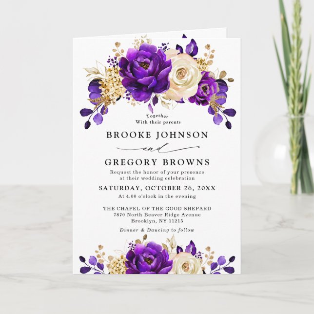 Invitation Royal violet violet or Floral Mariage botanique (Devant)