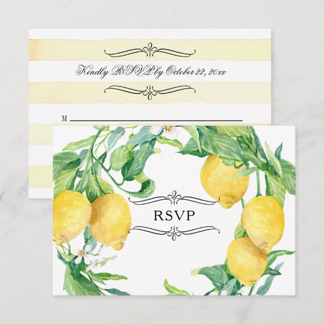 Invitation RSVP à motif de citron rayé horizontal et feuille  (Devant / Derrière)