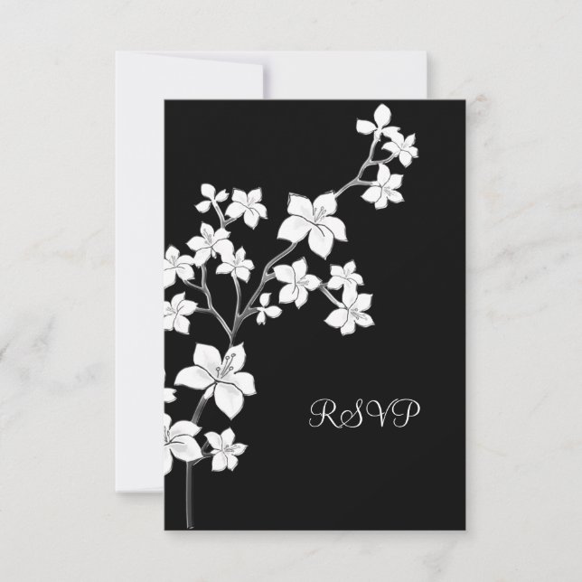 Invitation RSVP Anniversaire Asiatique Noir Floral Blanc (Devant)