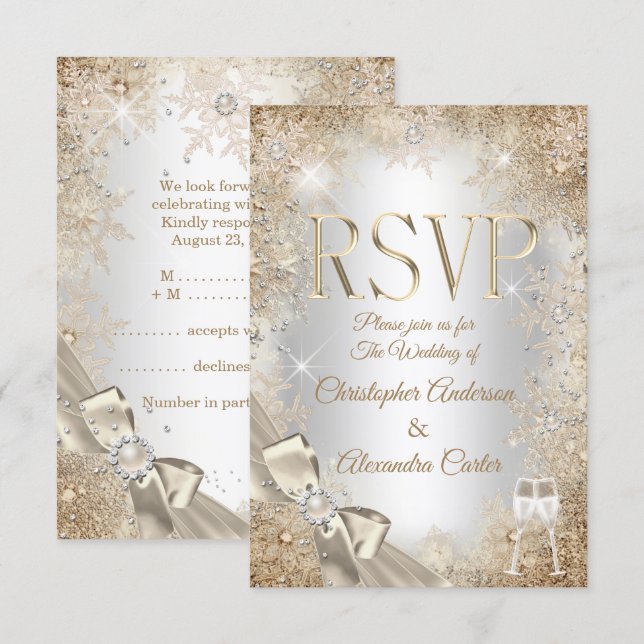 Invitation RSVP Argent beige crème Perle Nœud Flocon de neige (Devant / Derrière)