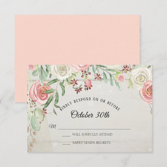 Invitation RSVP Art à l'aquarelle rustique Fleurs rose ivoire (Devant / Derrière)