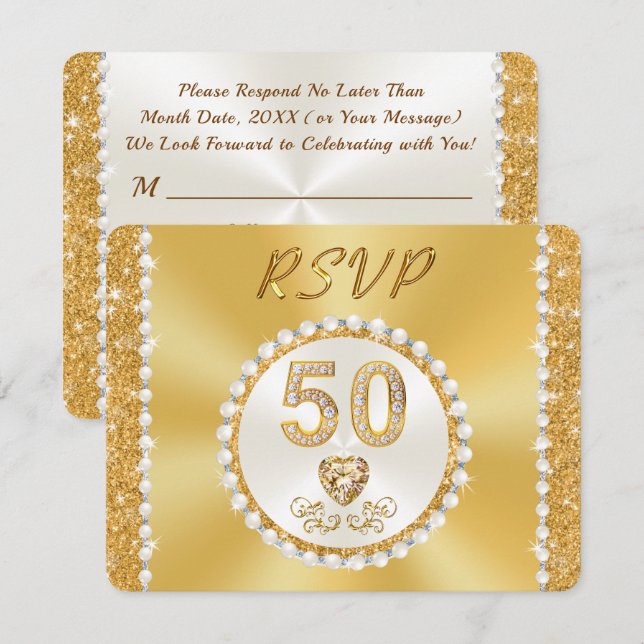 Invitation RSVP avec MENU Choice, 50e Anniversaire Or, (Devant / Derrière)