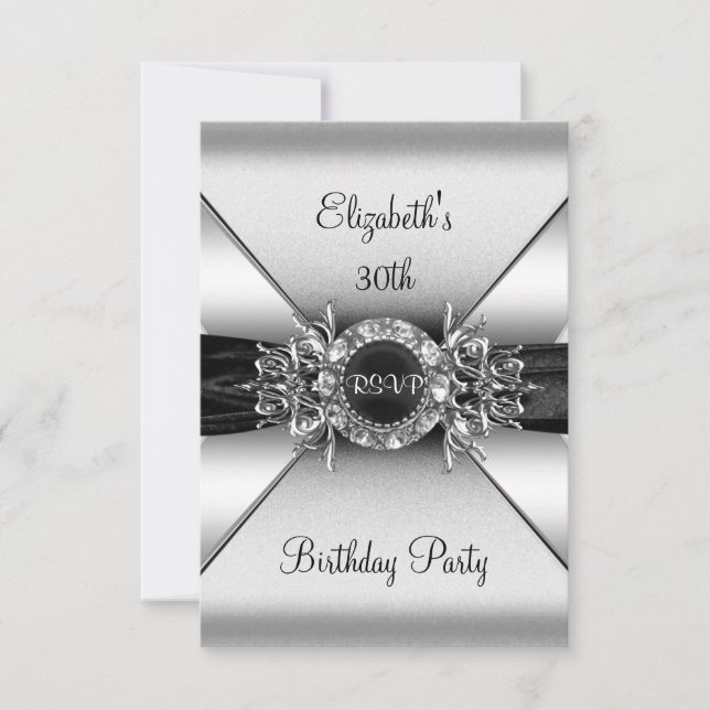 Invitation RSVP Birthday Diamond Jewor Black White Silver (Devant)