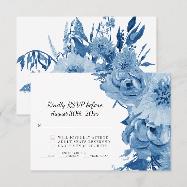 Invitation RSVP Bleu et Blanc Aquarelle Fleurs Mariage Modern (Devant / Derrière)