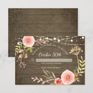 Invitation RSVP Bois Rustique Élégant Fleurs Botaniques Peint