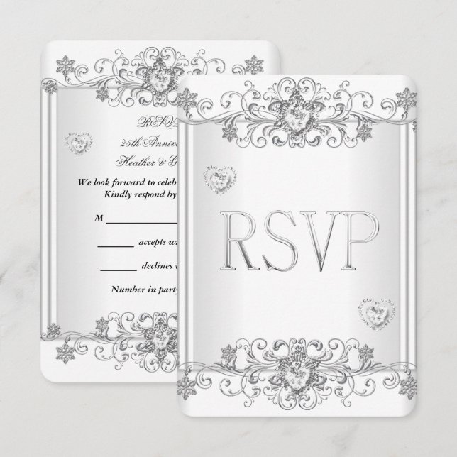 Invitation RSVP Cœurs Diamant Blanc Argenté 2 (Devant / Derrière)
