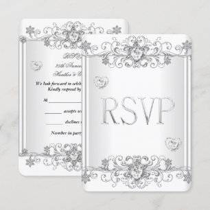 Invitation RSVP Coeurs diamant blanc argenté 2