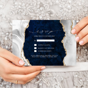 Invitation RSVP de mariage en marbre bleu marine, blanc et ag