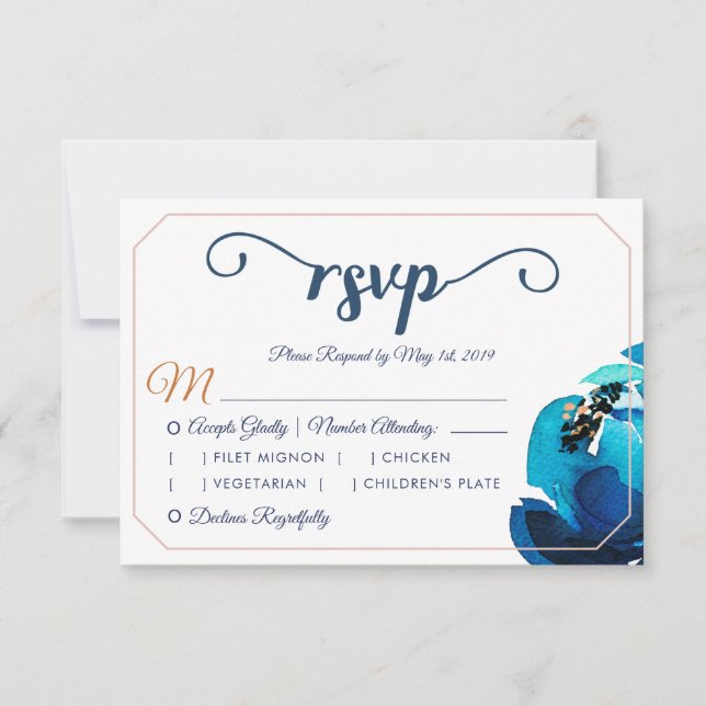 Invitation RSVP de mariage floral aquarelle indigo boho cuivr (Devant)