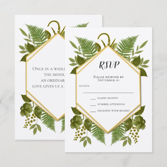 Invitation RSVP de mariage Fougères et Faune Or et Verdure (Devant / Derrière)