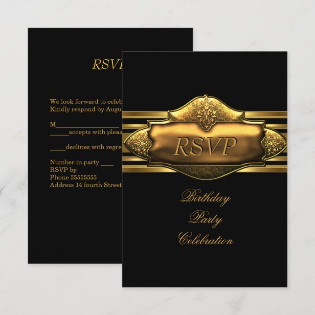 Invitation RSVP Elegant Black Gold Hommes de fête d'anniversa (Devant / Derrière)
