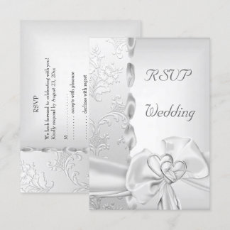 Invitation Rsvp Élégant Mariage Floral Ruban Argent Blanc Cœu