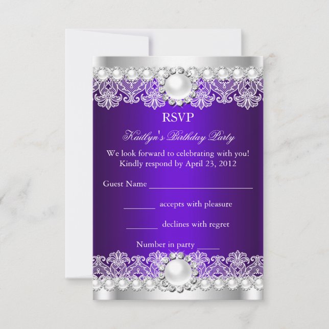 Invitation RSVP Elegant Royal Purple Lace Pearl Anniversaire (Devant)