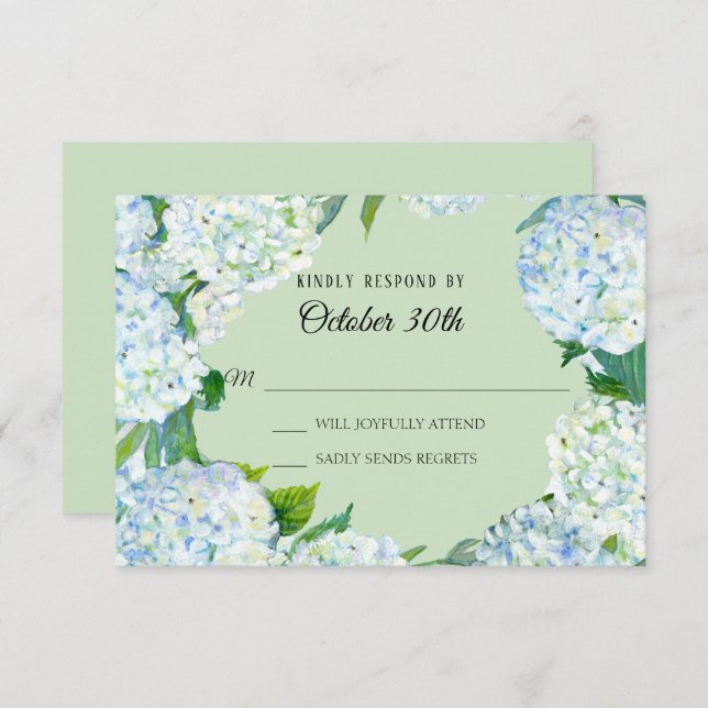 Invitation RSVP Fleurs de mariage blanc Hydrangea vert menthe (Devant / Derrière)