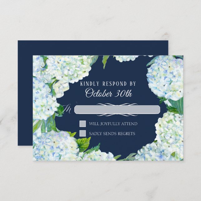 Invitation RSVP Fleurs de mariage Hydrangea blanc Bleu marine (Devant / Derrière)