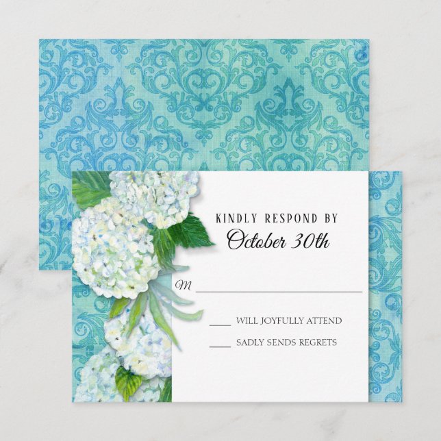 Invitation RSVP Fleurs de mariage Hydrangeas Motif damassé aq (Devant / Derrière)