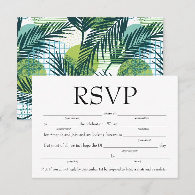 Invitation RSVP Fun Fill in the Blank avec demande de chanson (Devant / Derrière)