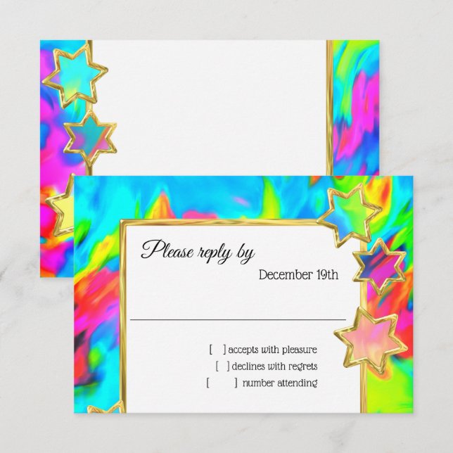 Invitation RSVP Gold Star Abstrait Turquoise Tie Dye (Devant / Derrière)