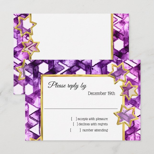 Invitation RSVP Gold Star Purple Damask (Devant / Derrière)