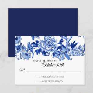 Invitation RSVP Influence asiatique Marine Blue Floral Chinoi