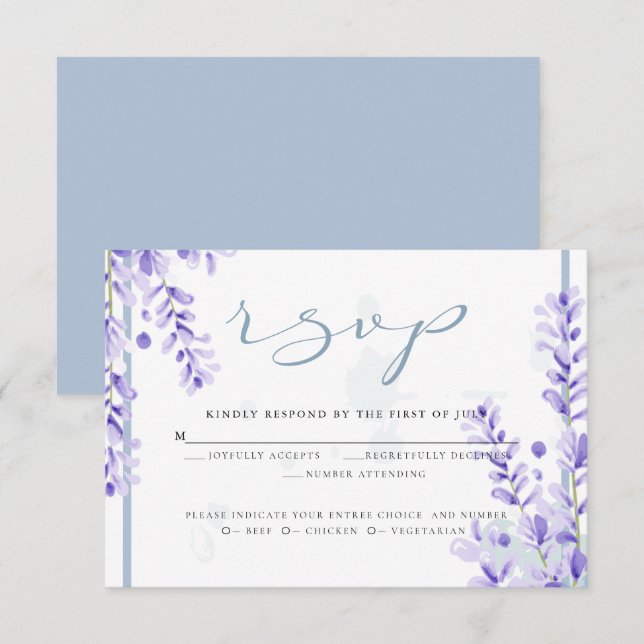Invitation RSVP | Lavande d'aquarelle - Flore bleu poussiéreu (Devant / Derrière)