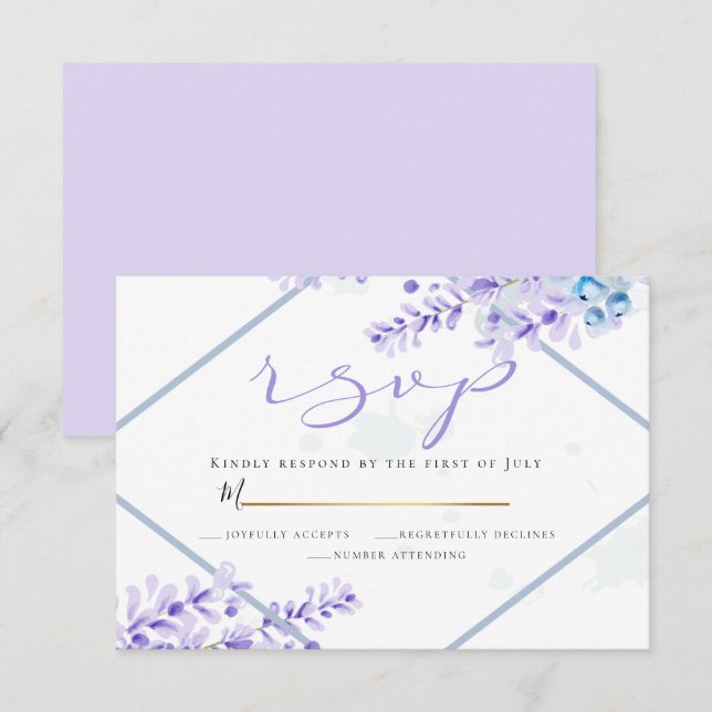 Invitation RSVP | Lavande d'aquarelle - Flore bleu poussiéreu (Devant / Derrière)