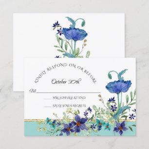 Invitation RSVP Mariage Aqua Blue w Poppy aquarelle Floral