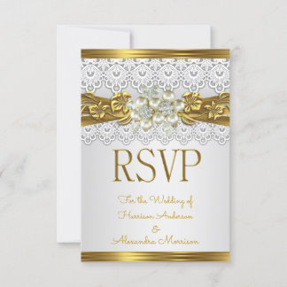 Invitation RSVP Mariage Blanc Perle Or Broderie Florale 