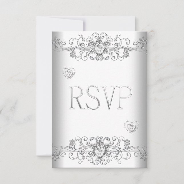 Invitation RSVP Mariage Blanc Pur Cœurs Diamant Blanc (Devant)