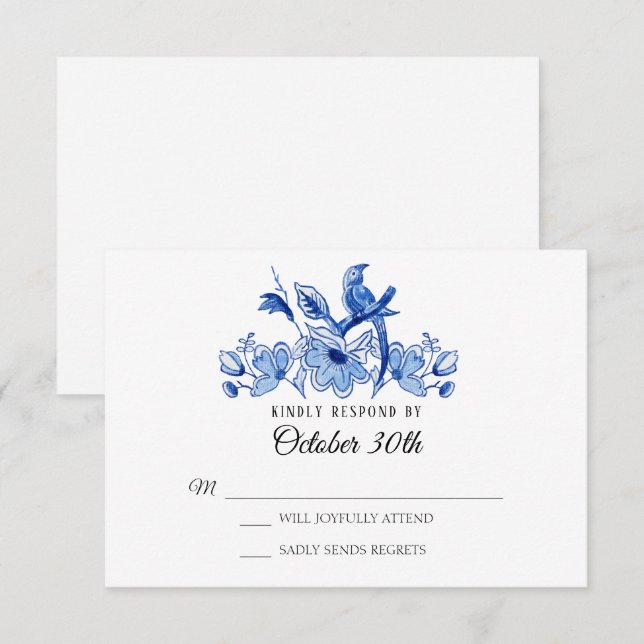 Invitation RSVP Mariage Bleu Chinoiserie Floral Aquarelle (Devant / Derrière)
