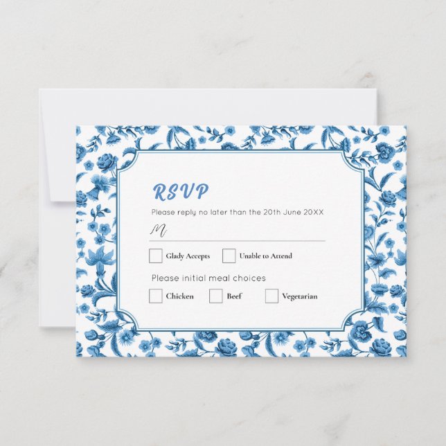 Invitation RSVP Mariage Chintz Bleu & Blanc Floral Ditsy (Devant)