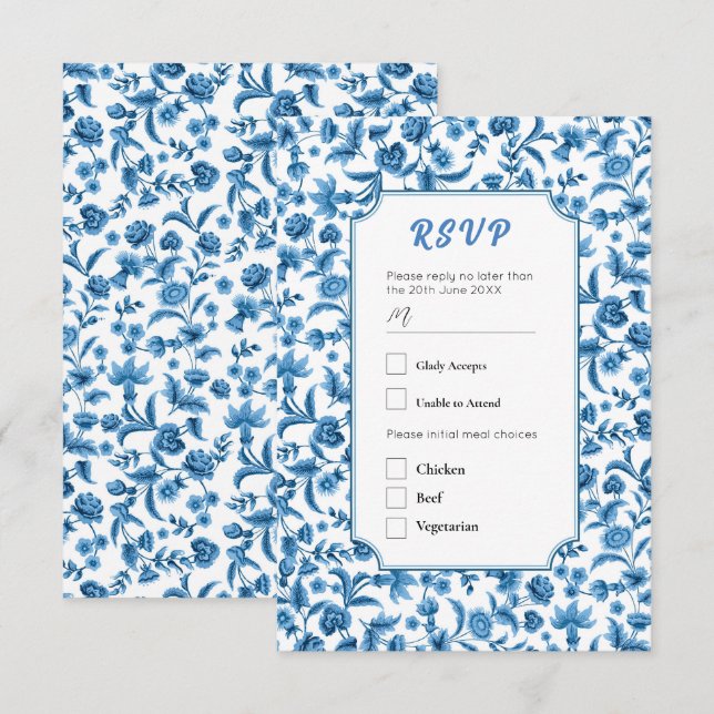 Invitation RSVP Mariage Chintz Bleu & Blanc Floral Ditsy (Devant / Derrière)