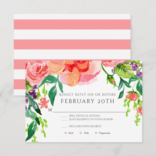 Invitation RSVP Mariage Fleur Rose Aquarelle Moderne Rayée (Devant / Derrière)
