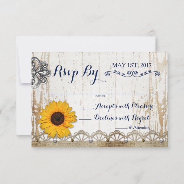 Invitation RSVP Mariage Fleuris Tournesol Bois Blanc Rustique (Devant)