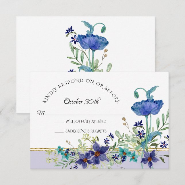 Invitation RSVP Mariage Fleurs Aquarelle Bleu Lavande Pavot (Devant / Derrière)