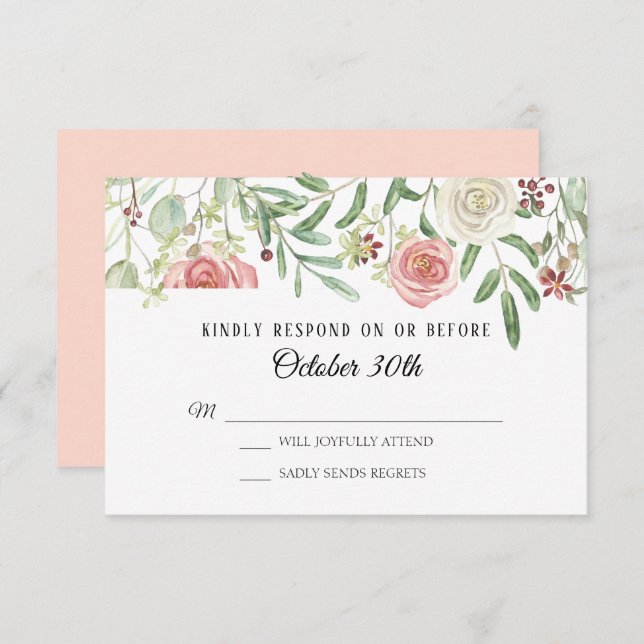 Invitation RSVP Mariage Fleurs de Rosier Blanches Feuillage F (Devant / Derrière)
