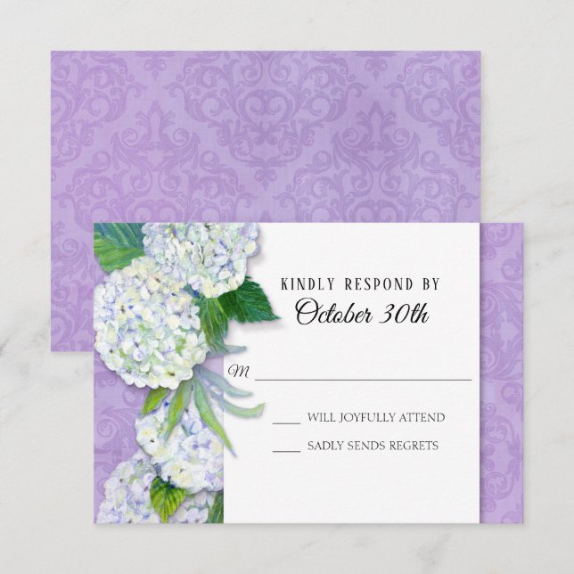 Invitation RSVP Mariage Floral Hydrangea Lavande Damask Art (Devant / Derrière)