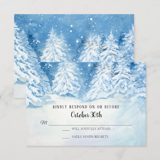 Invitation RSVP Mariage Forêt d'Hiver Arbres enneigés Aquarel (Devant / Derrière)