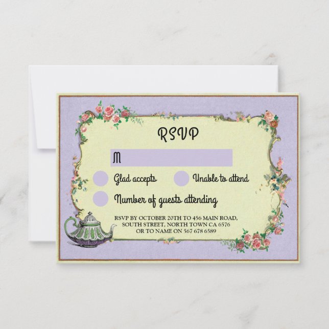 Invitation RSVP Mariage Merveilleuse Théière Fleurs Violettes (Devant)