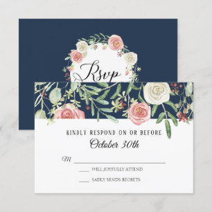 Invitation RSVP Mariage Navy Baiser Ivoire Rose Feuillage Feu