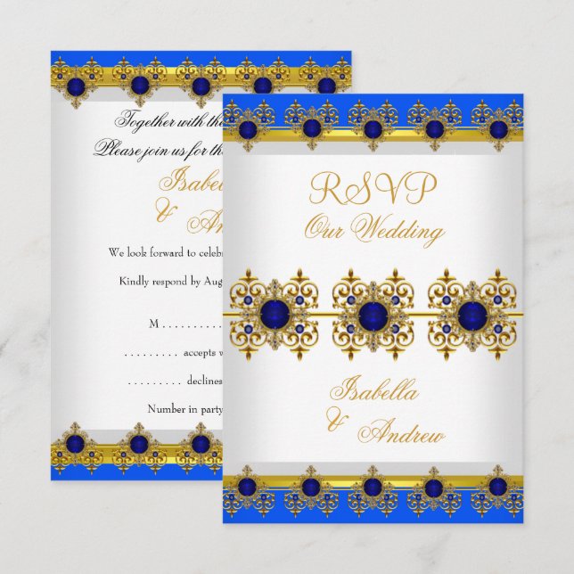 Invitation RSVP Mariage Or Bleu Royal Gemme Blanc (Devant / Derrière)