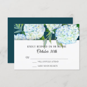 Invitation RSVP Mariage Peint Blanc Hydrangeas Peacock Bleu