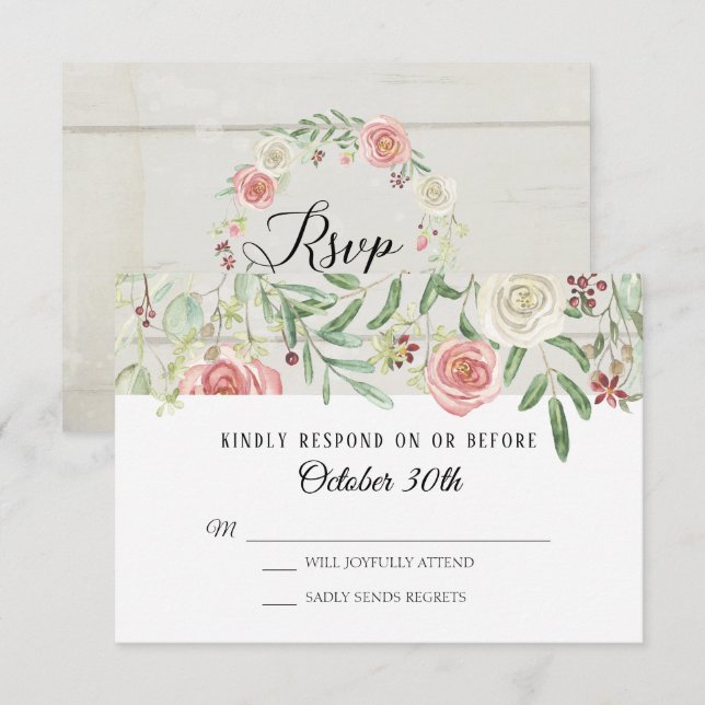 Invitation RSVP Mariage Rose Ivoire Blush Planche En Bois Rus (Devant / Derrière)