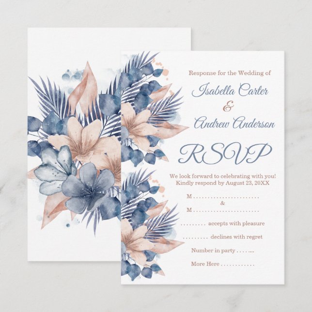 Invitation RSVP Mariage Rose Pâle Bleu Pêche Beige Floral Bla (Devant / Derrière)