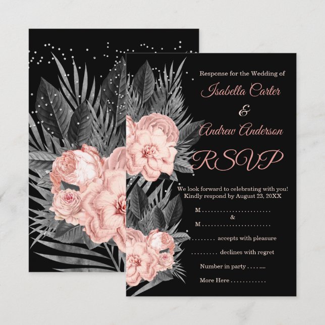 Invitation RSVP Mariage Rose Pêche Charbon Floral Noir (Devant / Derrière)