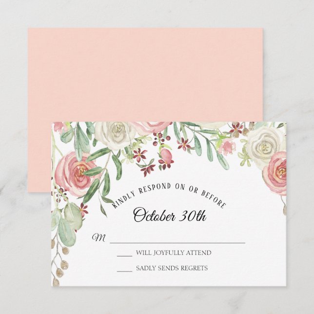 Invitation RSVP Mariage Roses Fleurs Blush Ivoire (Devant / Derrière)