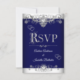 Invitation RSVP Mariage Royal Bleu Diamant Cœurs Argentés